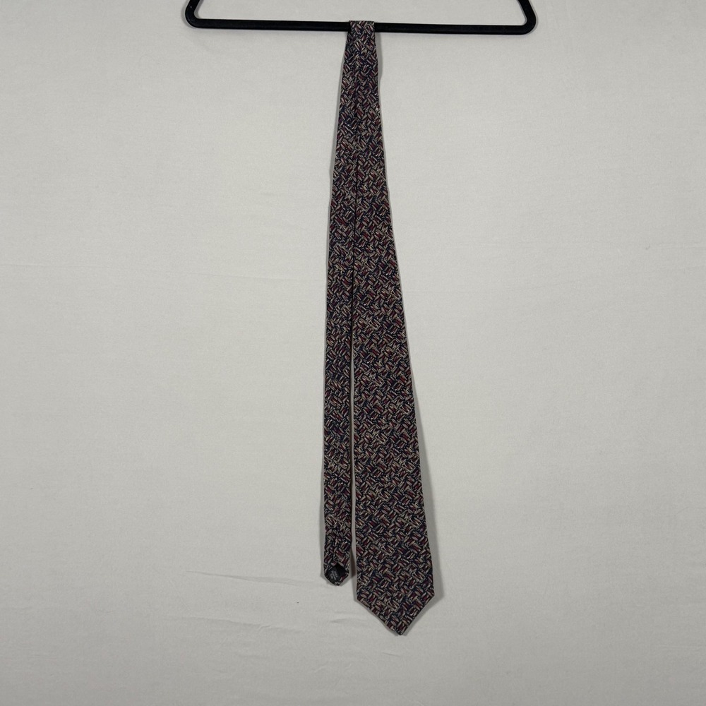 Louis Feraud Tie Mens OS Navy Red Tan Vintage Italian Silk Geometric Excellent